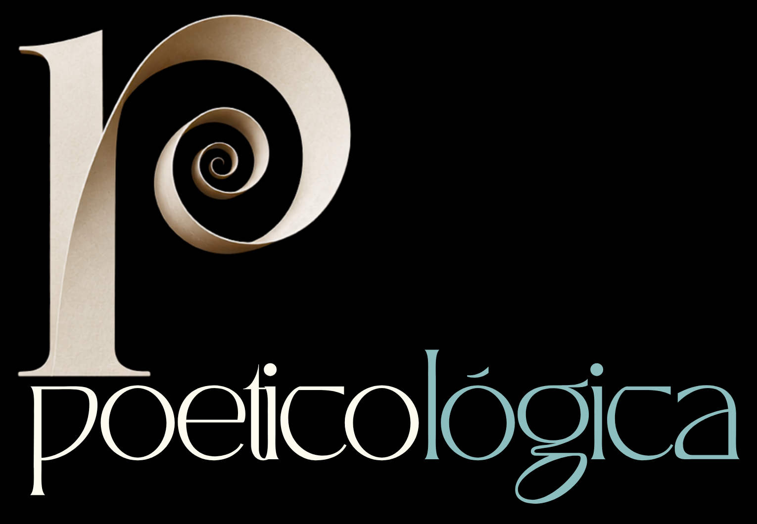 Poeticológica: logotipo con una letra P formada por una cinta de papel en espiral